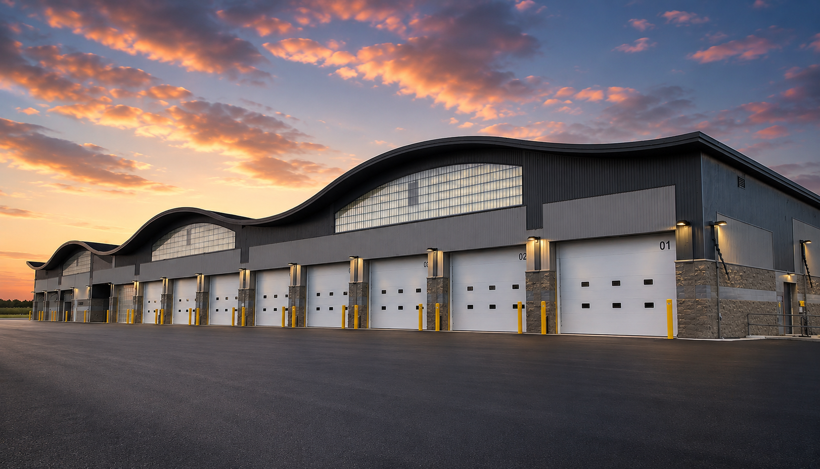 Energy-efficient commercial garage doors at a Warm Springs business park in Fremont